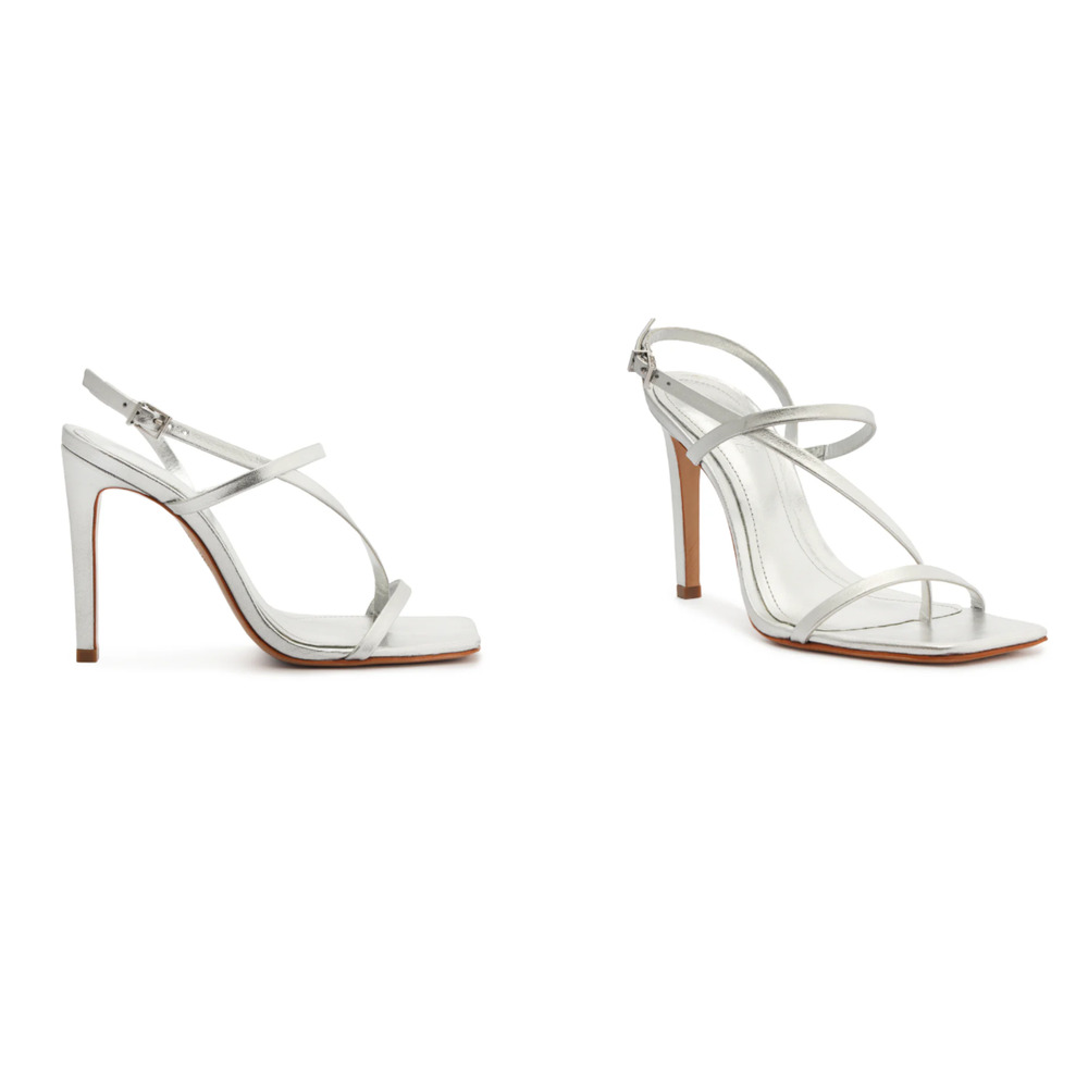 Schutz Heloise High Stiletto Shoes Women's Size 6.5 Silver Metallic Strappy Heel